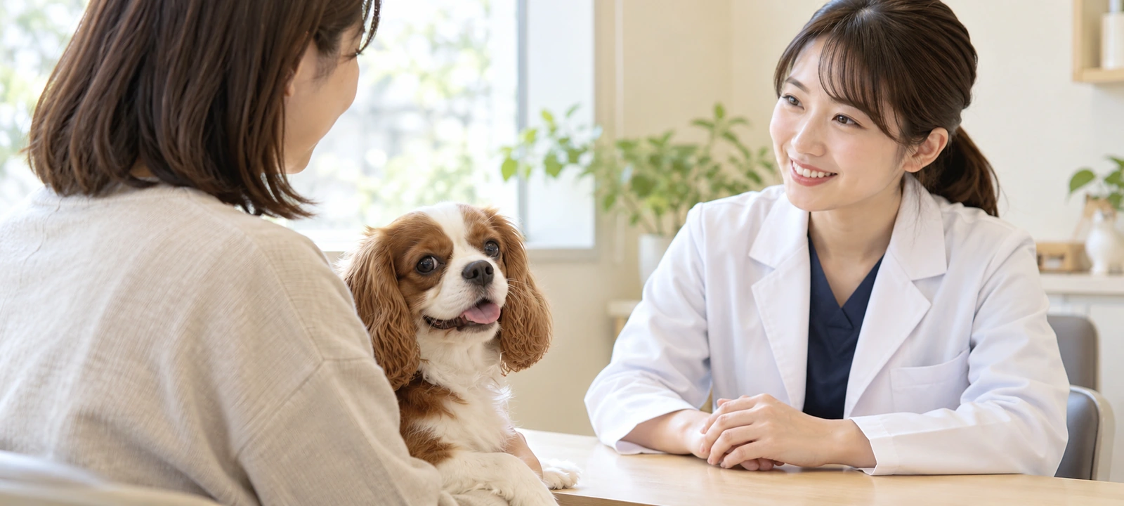 犬の飼い主さまのご相談を伺う獣医師