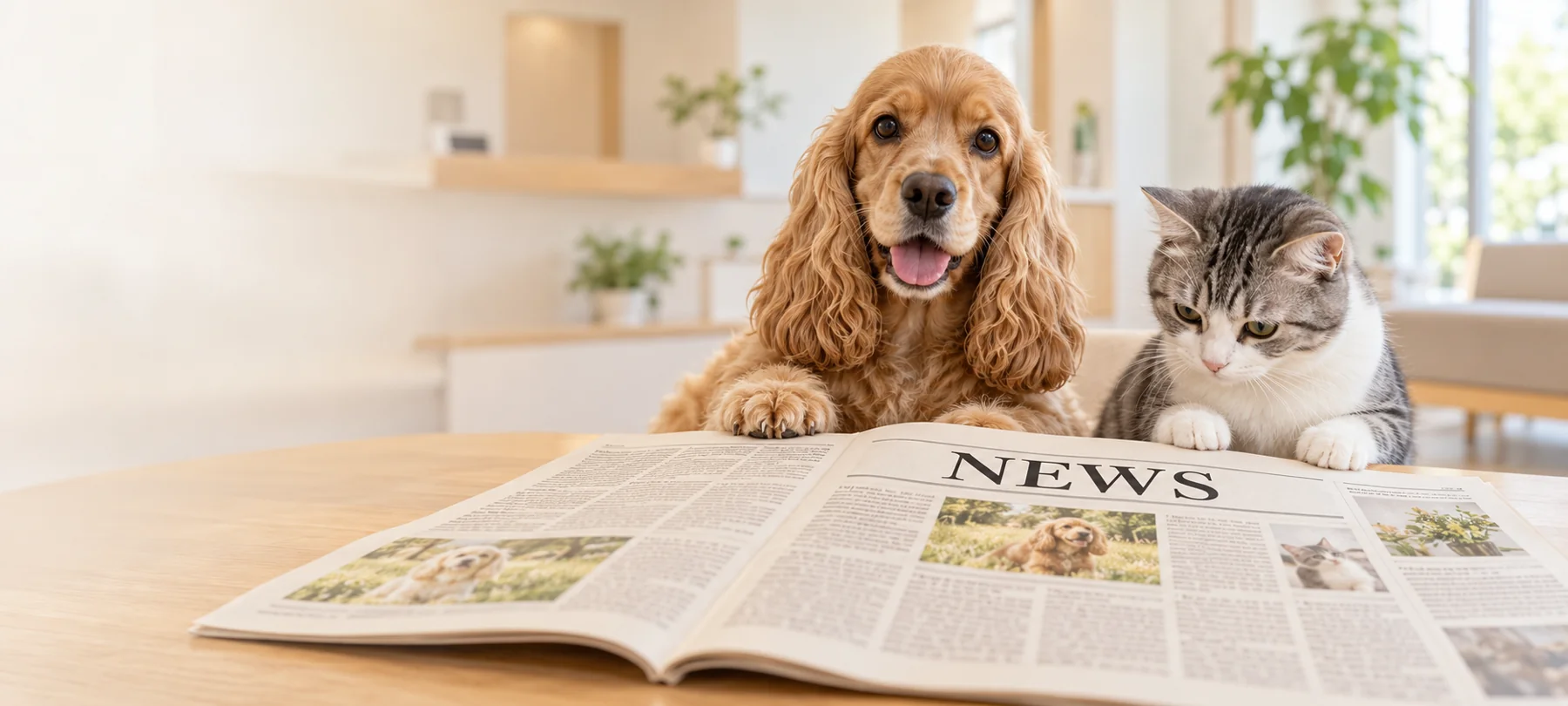 新聞と一緒にお知らせを届ける犬と猫